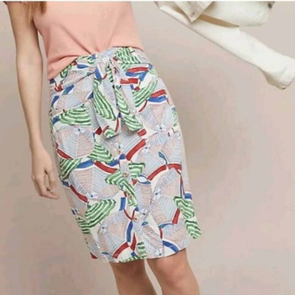 Anthropologie Conversations Umbrella Tie Front Skirt‎ Sz 14 Lined Button Front